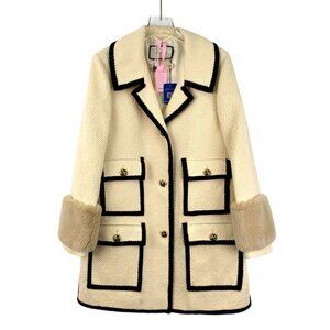 Gucci Beige Logo Jacquard Wool Coat W/ Faux Fur Cuffs & Multi-Pockets Size 42 Ma